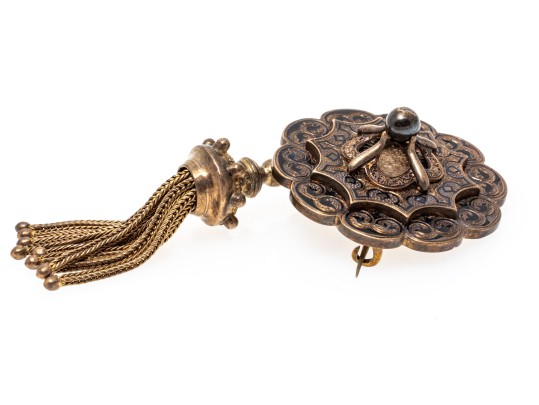 14k Gold Topped Antique Round Shield And Fringe Mourner's Brooch