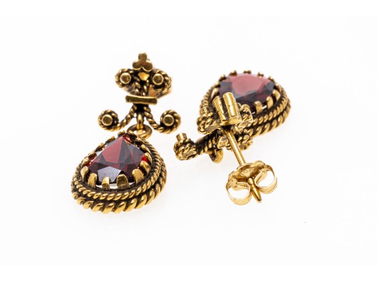 Ornate 14K And Suspended Garnet Pendant Earrings