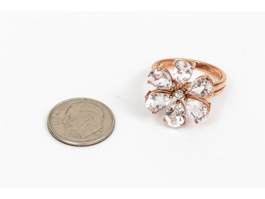 10k Rose Gold Beautiful Flower Motif Faceted White Topaz Ring, Size 7+