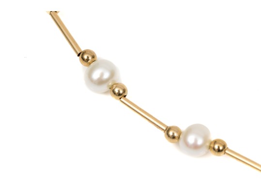 14k Yellow Gold Classic Gold Bead And Cultured Pearl Necklace