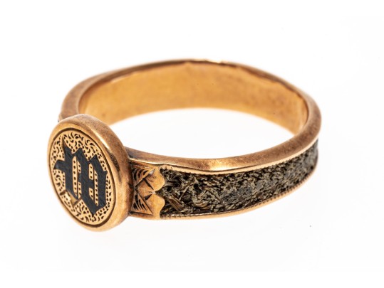 9k Gold Striking Antique Mourners Ring, With Braided Hair Inlaid Band, Size 6.5