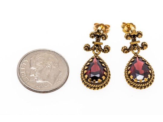 Ornate 14K And Suspended Garnet Pendant Earrings