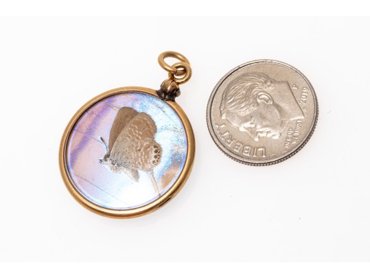 14k Yellow Gold Iridescent Recycled Butterfly Wing Pendant