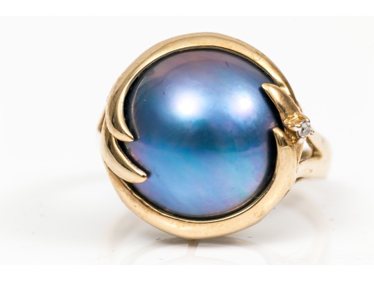 14k Yellow Gold Striking Black Cultured Mabe Pearl Ring, Size 5