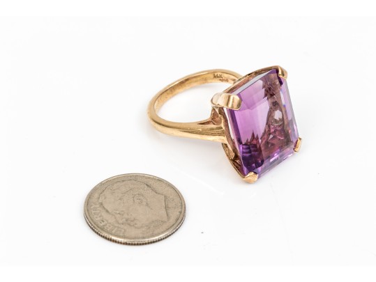 14k Yellow Gold Bold Vintage Emerald Cut Amethyst Solitaire Ring, App. 15.65 CTS, Size 6