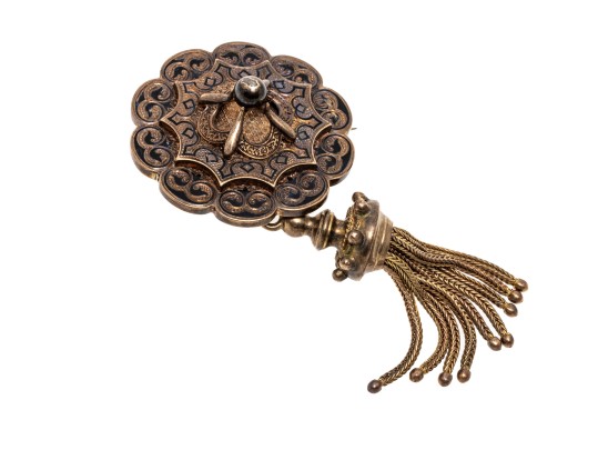 14k Gold Topped Antique Round Shield And Fringe Mourner's Brooch