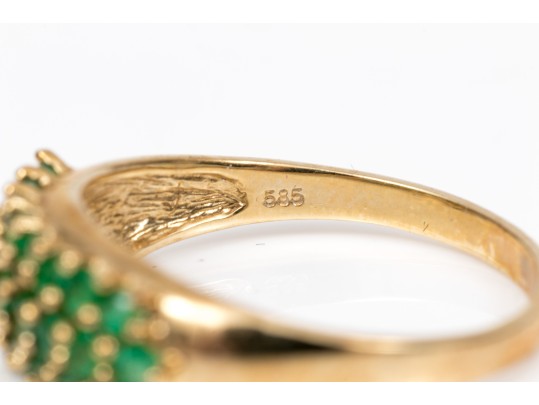 14k Yellow Gold Handsome Three Row Emerald Ring, Size 9 App. 1.00 TCW