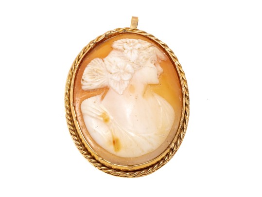 14k Yellow Gold Pretty Antique Twisted Frame Cameo Brooch
