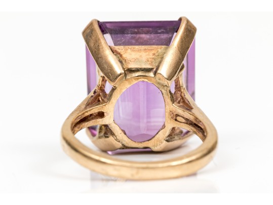 14k Yellow Gold Bold Vintage Emerald Cut Amethyst Solitaire Ring, App. 15.65 CTS, Size 6