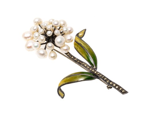 Sterling Silver Fabulous Cultured Freshwater Pearl And Marcasite Flower Brooch