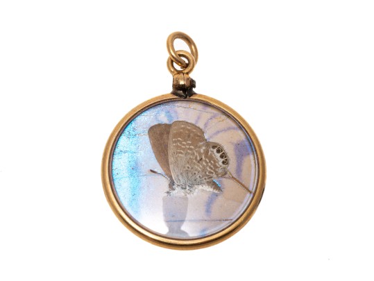 14k Yellow Gold Iridescent Recycled Butterfly Wing Pendant