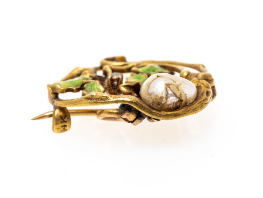 14k Yellow Gold Beautiful Antique Art Nouveau Enamel And Cultured Pearl Brooch