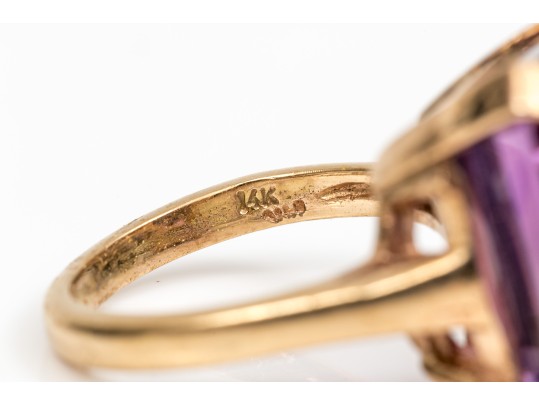 14k Yellow Gold Bold Vintage Emerald Cut Amethyst Solitaire Ring, App. 15.65 CTS, Size 6