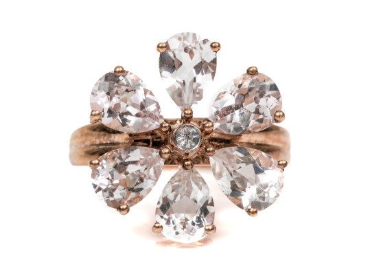 10k Rose Gold Beautiful Flower Motif Faceted White Topaz Ring, Size 7+