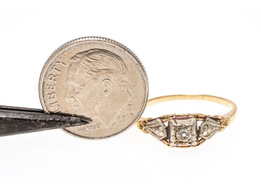 14k Gold Pretty Vintage Filigree Floral Diamond Solitaire, App. 0.04 CTS, Size 5.75