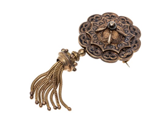 14k Gold Topped Antique Round Shield And Fringe Mourner's Brooch