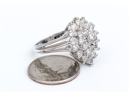 14k White Gold Beautiful Pear Profiled Diamond Cluster Ring, App. 0.76 TCW, Size 5.25