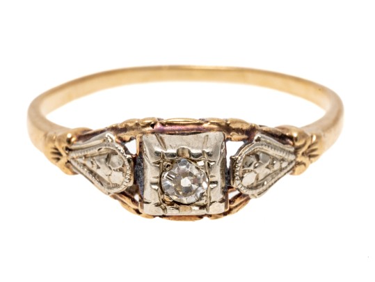 14k Gold Pretty Vintage Filigree Floral Diamond Solitaire, App. 0.04 CTS, Size 5.75