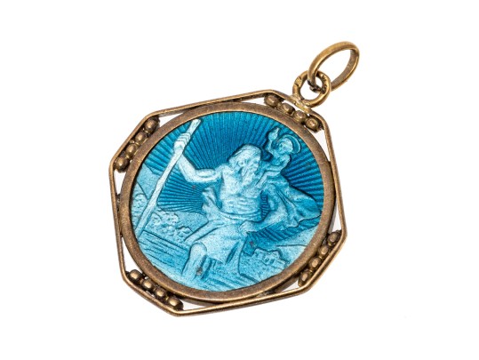 14k Yellow Gold Beautiful Blue-Grey Enamel St. Christopher Medal