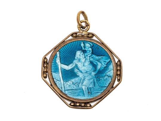 14k Yellow Gold Beautiful Blue-Grey Enamel St. Christopher Medal
