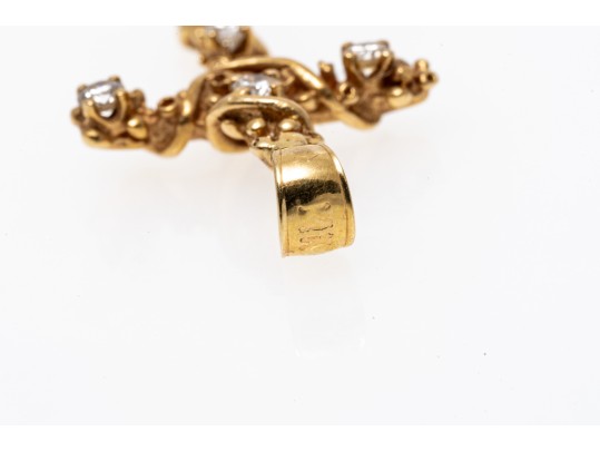 14K Diamond Set Vine And Leaf Wrapped Cross Pendant