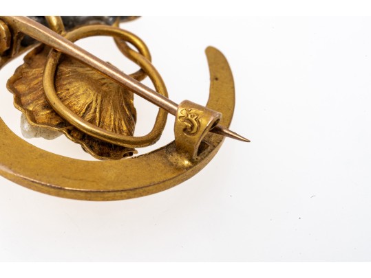 14k Gold Lovely Antique Horseshoe, Cultured Freshwater Pearl And Flower Brooch 