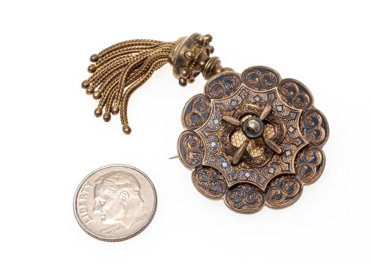 14k Gold Topped Antique Round Shield And Fringe Mourner's Brooch