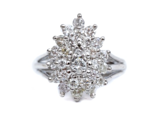 14k White Gold Beautiful Pear Profiled Diamond Cluster Ring, App. 0.76 TCW, Size 5.25