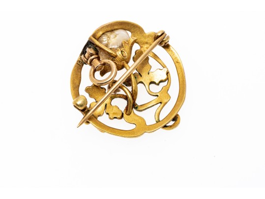 14k Yellow Gold Beautiful Antique Art Nouveau Enamel And Cultured Pearl Brooch