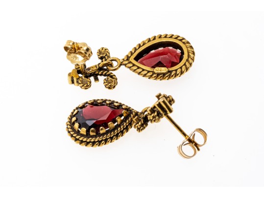 Ornate 14K And Suspended Garnet Pendant Earrings