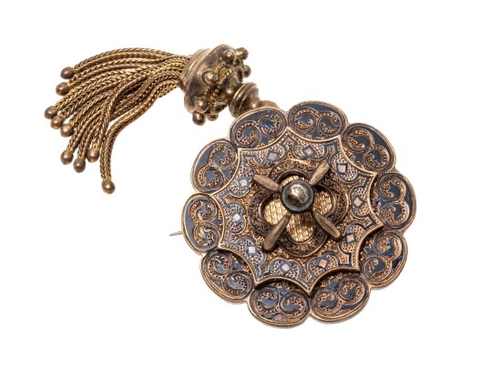 14k Gold Topped Antique Round Shield And Fringe Mourner's Brooch