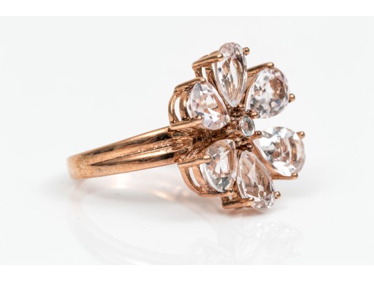 10k Rose Gold Beautiful Flower Motif Faceted White Topaz Ring, Size 7+