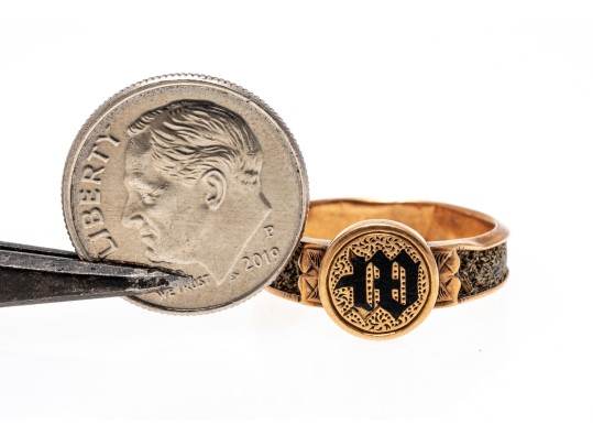 9k Gold Striking Antique Mourners Ring, With Braided Hair Inlaid Band, Size 6.5