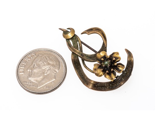 14k Gold Pretty Antique Flower And Leaf Brooch 
