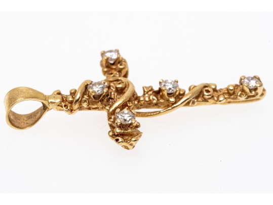 14K Diamond Set Vine And Leaf Wrapped Cross Pendant