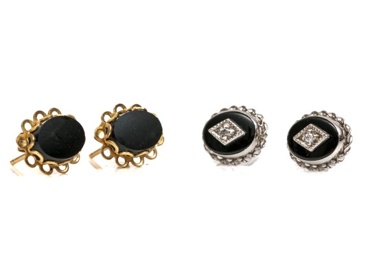 10k Yellow Gold Lot Of Two Classic Pairs Of Black Onyx Earrings 