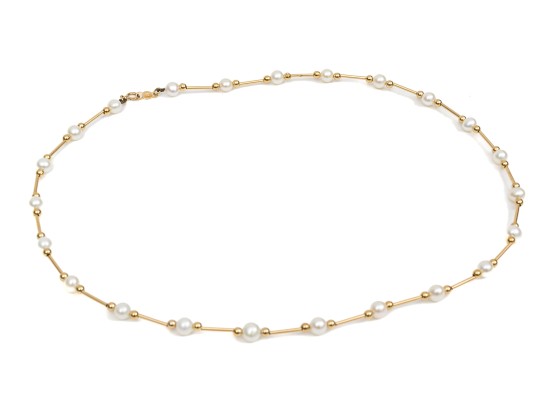 14k Yellow Gold Classic Gold Bead And Cultured Pearl Necklace