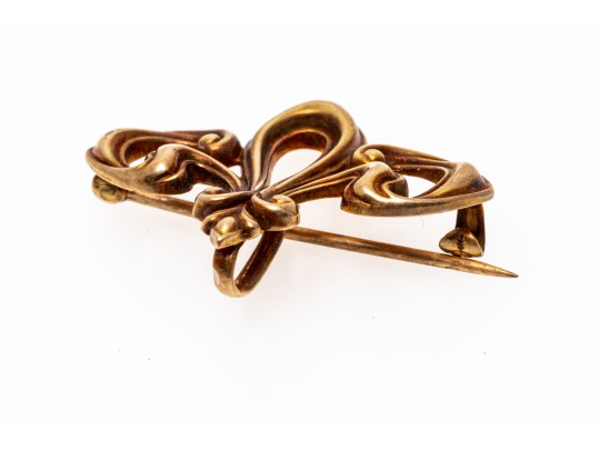 14k Gold Pretty Antique Fleuer De Lis Motif Brooch, With Watch Hook