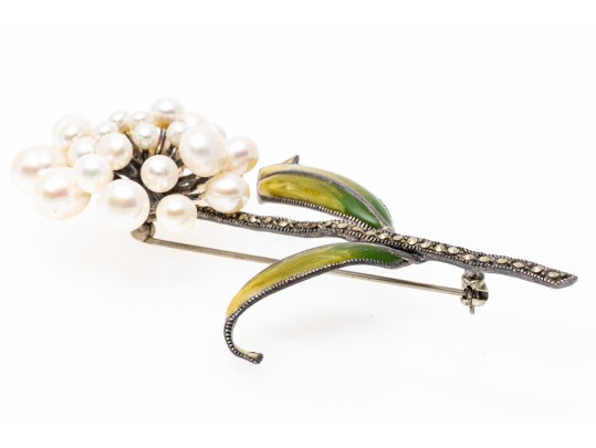 Sterling Silver Fabulous Cultured Freshwater Pearl And Marcasite Flower Brooch