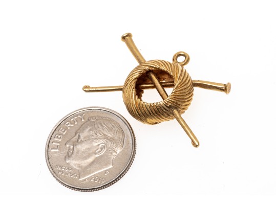 14k Yellow Gold Quaint Knitting Needles And Yarn Pendant