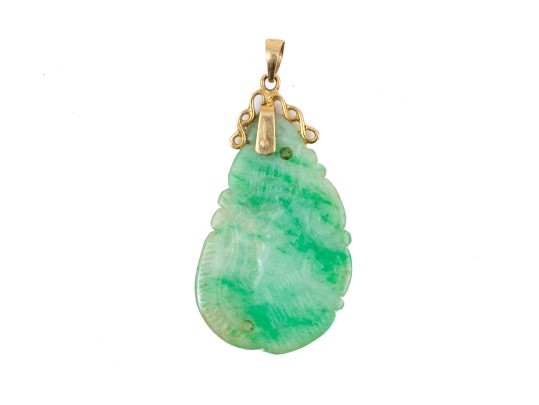 14k Yellow Gold Striking Green And White Nephrite Jade Pendant