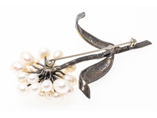 Sterling Silver Fabulous Cultured Freshwater Pearl And Marcasite Flower Brooch