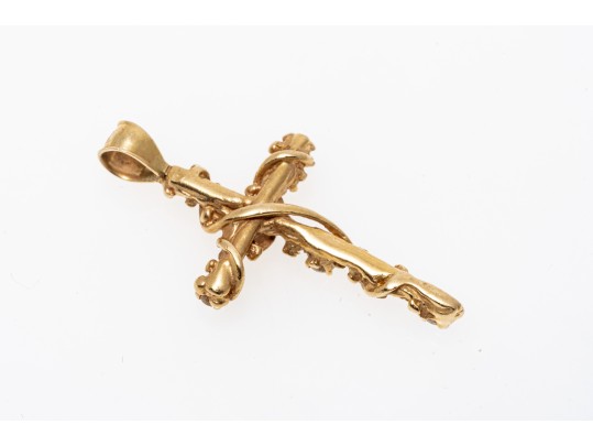 14K Diamond Set Vine And Leaf Wrapped Cross Pendant