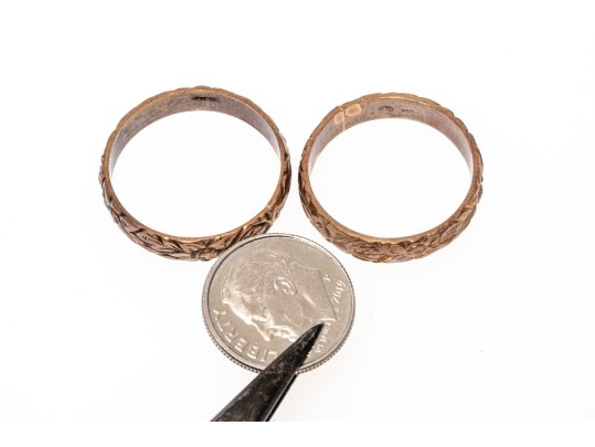 9k And Sterling Silver Complementary Flower Patterned Band Style Rings, Sizes 10 And 11.25