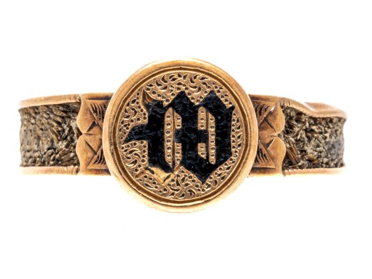 9k Gold Striking Antique Mourners Ring, With Braided Hair Inlaid Band, Size 6.5