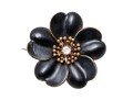 18k Yellow Gold Beautiful Antique Black Enamel Flower Brooch, Diamond Center