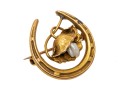 14k Gold Lovely Antique Horseshoe, Cultured Freshwater Pearl And Flower Brooch 