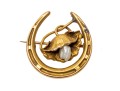 14k Gold Lovely Antique Horseshoe, Cultured Freshwater Pearl And Flower Brooch 
