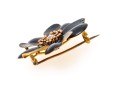 18k Yellow Gold Beautiful Antique Black Enamel Flower Brooch, Diamond Center