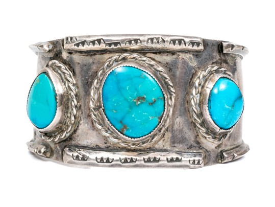 Sterling Silver Three Stone, Rope Edged Southwestern Style Cuff Bracelet